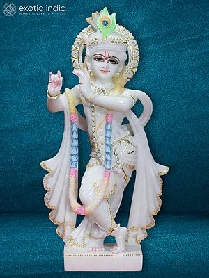 15" Lord Krishna Wearing Garland Of Flowers | Super White Makrana Marble Statue