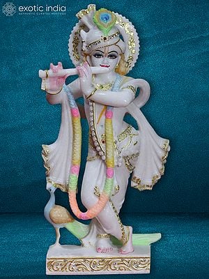 15" Lord Krishna Playing Flute With Peacock | Super White Makrana Marble Statue