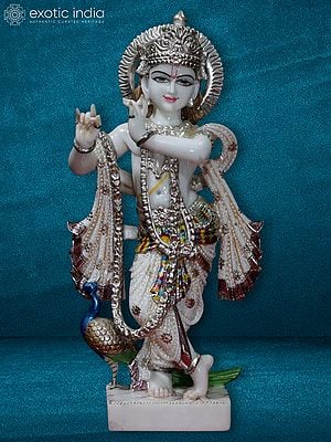 18" Lord Krishna Statue With Attractive Ornaments | Super White Makrana Marble Statue
