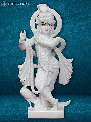 18" Pure White Idol Of Lord Krishna | Super White Makrana Marble Statue