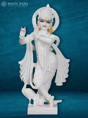 24" Statue Of Fluting Posture Lord Krishna | Super White Vietnam Marble Statue