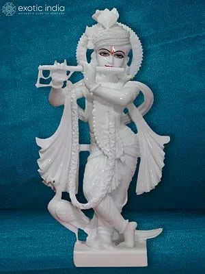 24" Lord Krishna Figurine With Beautiful Flute | Super White Vietnam Marble Statue