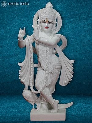 36" Large Attractive Posture Idol Of Krishna | Super White Vietnam Marble Statue