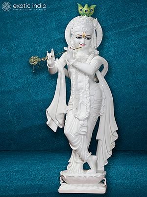 51" Large Lord Kanha With Attractive Flute And Three Peacock Feather | Super White Vietnam Marble Statue