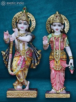 15" Hand Painted Statue Of Radha And Krishna | Super White Makrana Marble Statue