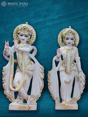 12" Radha In Blessing Posture And Fluting Krishna | Super White Makrana Marble Statue