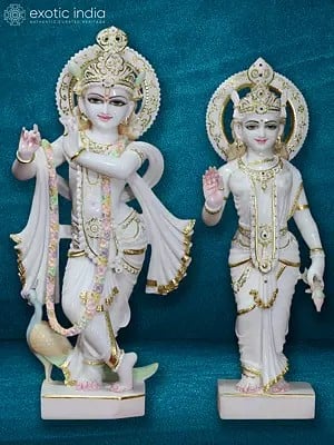 24" Radha And Krishna With Peacock | Super White Vietnam Marble Statue