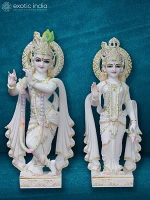 27" Handmade Statue Of Radha And Krishna | Super White Vietnam Marble Statue