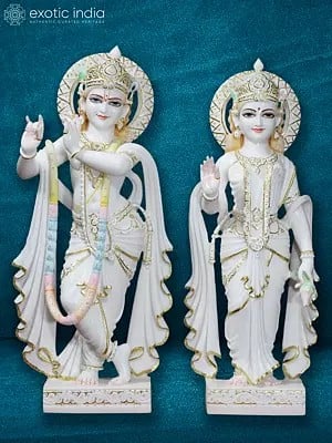 36" Large Pair Of Divine Radha-Krishna | Super White Vietnam Marble Statue