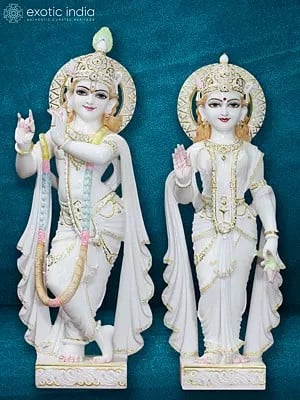 36" Large Lord Krishna With Radharani | Super White Vietnam Marble Statue