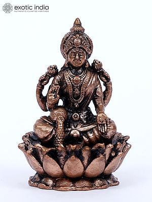 2" Small Blessing Goddess Lakshmi Copper Statue Seated on Lotus