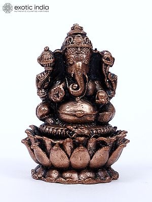 2" Small Chaturbhuja Lord Ganesha Copper Statue Seated on Lotus