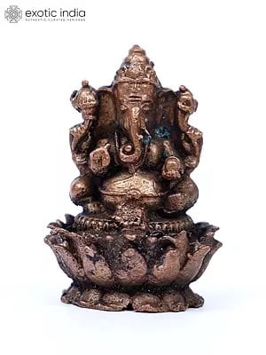 2" Small Lord Ganesha Seated on Lotus | Copper Statue