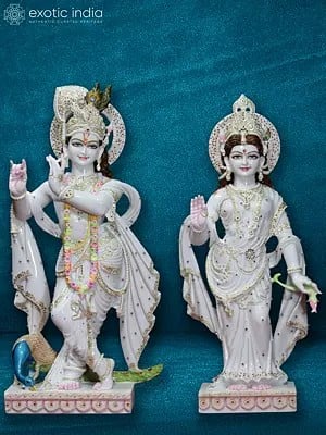 42" Large Radha Holding A Lotus And Standing Krishna | Super White Vietnam Marble Idol