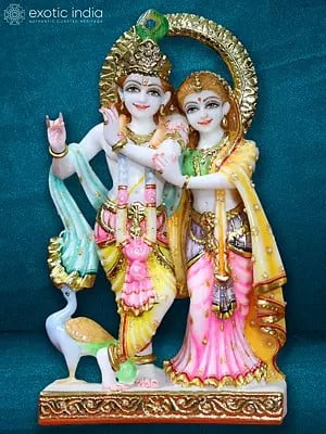 12" Colorful Statue Of Radha And Krishna | Super White Makrana Marble Statue