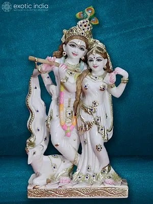 18" Standing Radha Krishna With Cow | Super White Makrana Marble Idol