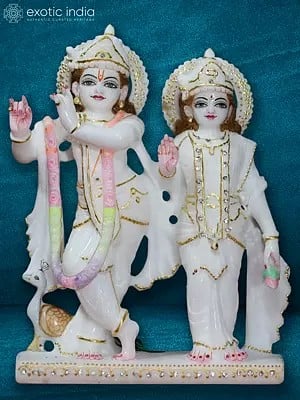36" Large Radha In Blessing Posture With Krishna | Super White Makrana Marble Idol