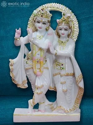 12" Divine Pair Of Radha Krishna | Super White Makrana Marble Statue