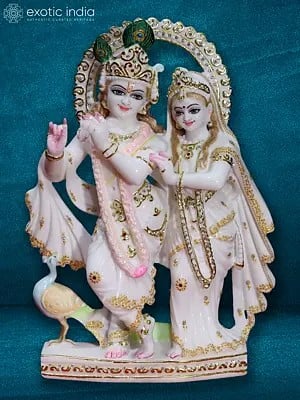 18" Beautiful Handcarved Radha Krishna Statue | Super White Makrana Marble