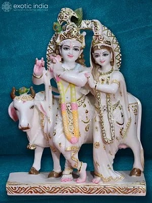 18" Holy Cow With Radha And Krishna | Super White Makrana Marble Sculpture