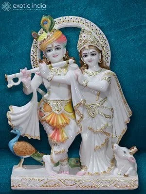 24" Turban Krishna With Radha | Super White Makrana Marble Statue