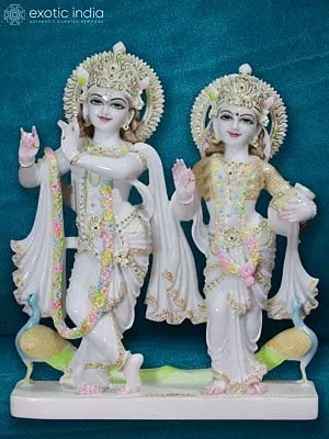24" Radha Holding Milk Matki With Krishna | Super White Makrana Marble Idol