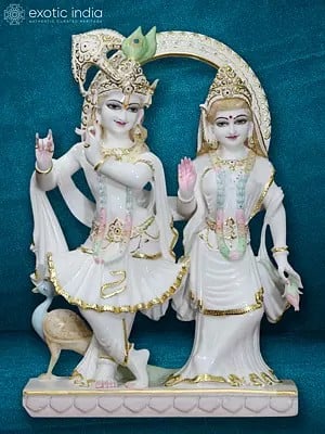 27" Divine Beauty Of Radha And Krishna | Super White Vietnam Marble Statue