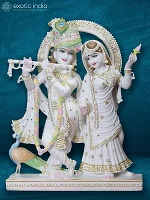 27" Krishna Playing Flute For Radha | Super White Vietnam Marble Statue