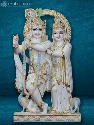 30" Embellished Statue Of Radha Krishna | Super White Makrana Marble Idol