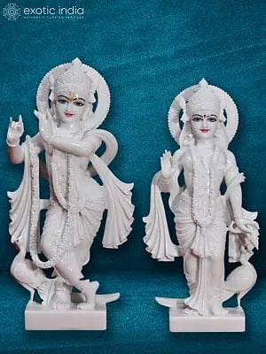 15" Lord Krishna With Radha Rani | Super White Makrana Marble Statue