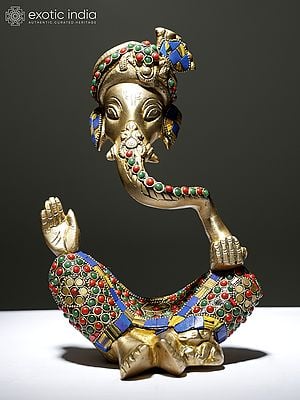 10" Stylized Turbaned Lord Ganesha | Brass Statue with Inaly Work