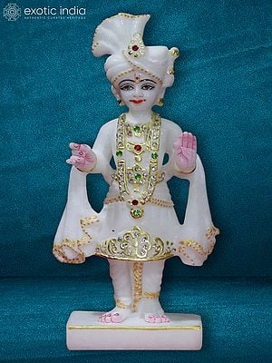 9" Standing Statue Of Swami Narayan | Super White Makrana Marble Idol