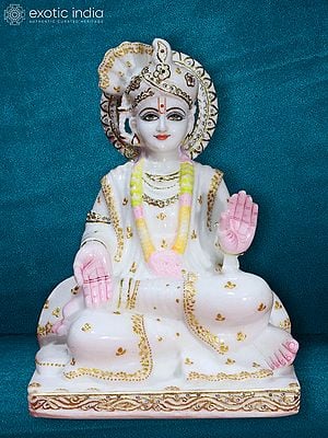 15" Seated Swami Narayan Idol | Super White Makrana Marble Figurine
