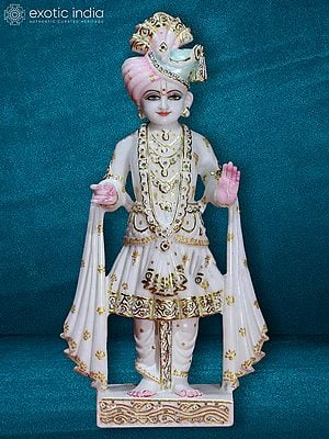 18" Swami Narayan Idol In Blessing Posture | Super White Makrana Marble Sculpture