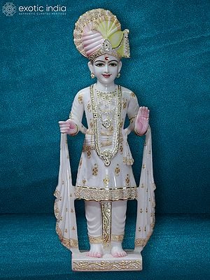 13" Statue Of Swaminarayan With Attractive Turban | Super White Makrana Marble Idol