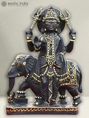 15" Shanidev With Elephant | Black Marble Sculpture