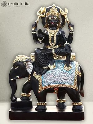18" Shanidev Seated On Elephant | Black Marble Idol