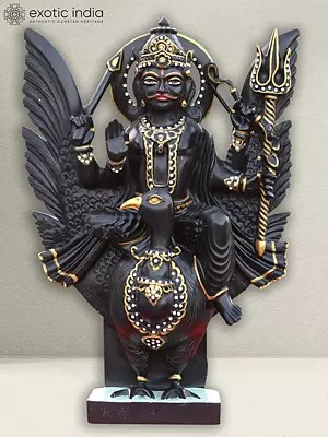 18" Lord Shani Seated On Crow | Black Marble Figurine
