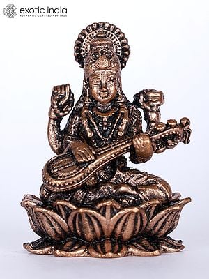 2" Small Maa Saraswati Copper Statue on Lotus