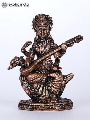 2" Small Devi Saraswati Seated on Swan | Copper Statue