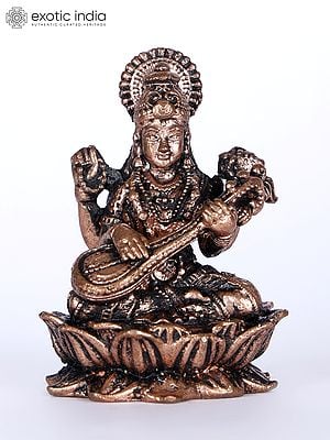 1" Small Goddess Saraswati Playing Veena | Copper Statue