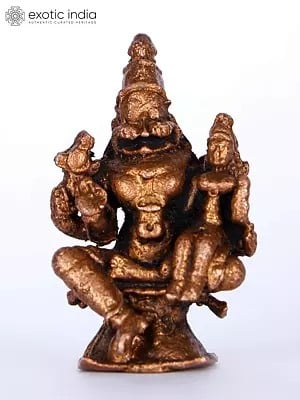 2" Small Lord Narasimha Copper Statue Seated with Devi Lakshmi