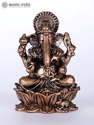 2" Small Chaturbhuja Lord Ganesha on Lotus | Copper Statue
