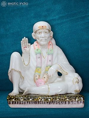 8" Statue Of Seated Sai | White Makrana Marble Idol