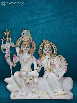 10" Lord Shiva With Goddess Parvati | White Makrana Marble Staute