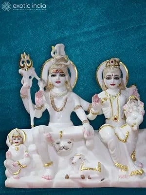 10" Shiva Family On Kailash Mountain | White Makrana Marble Idol