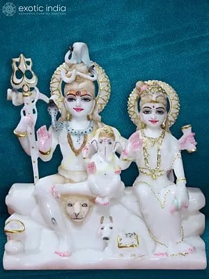 10" Lord Shiva And Parvati With Ganesha | White Makrana Marble Staute Idol