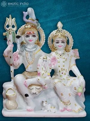 12" Lord Shiva And Goddess Parvati In Blessing Posture | White Makrana Marble Staute