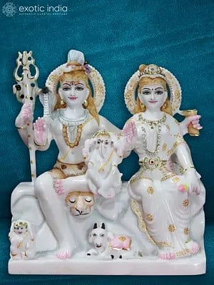 13" Lord Shiva Family With Holy Cow | White Makrana Marble Idol
