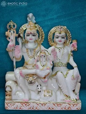 15" Lord Shiva With Parvati Seated On Asana | White Makrana Marble Staute